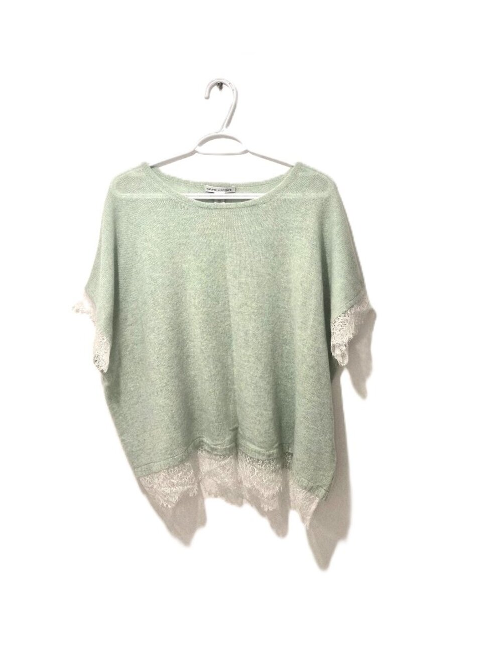 Autumn Cashmere 100% Cashmere Boxy Top with French Lace Trim Mint Green Coquette